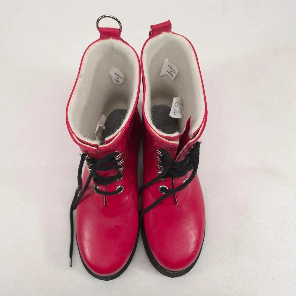 Ilse Jacobsen Rain Boots Red Sz 38 Lace Up Waterproof Fleece Lined Danish Design
